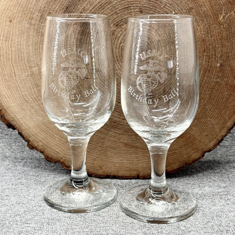 Set of 2 USMC Marine Corps Birthday Ball Etched Wine Glasses Stemmed Barware